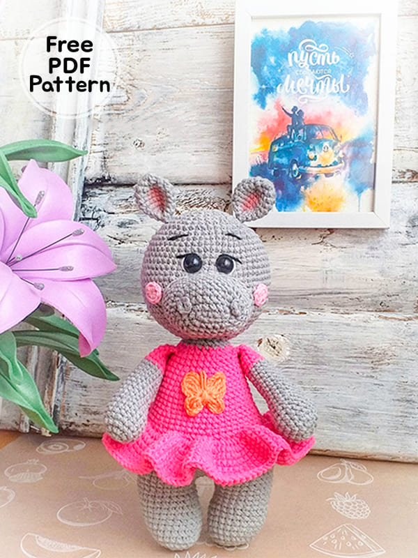 Crochet Hippo In Pink Dress Amigurumi Free PDF Pattern
